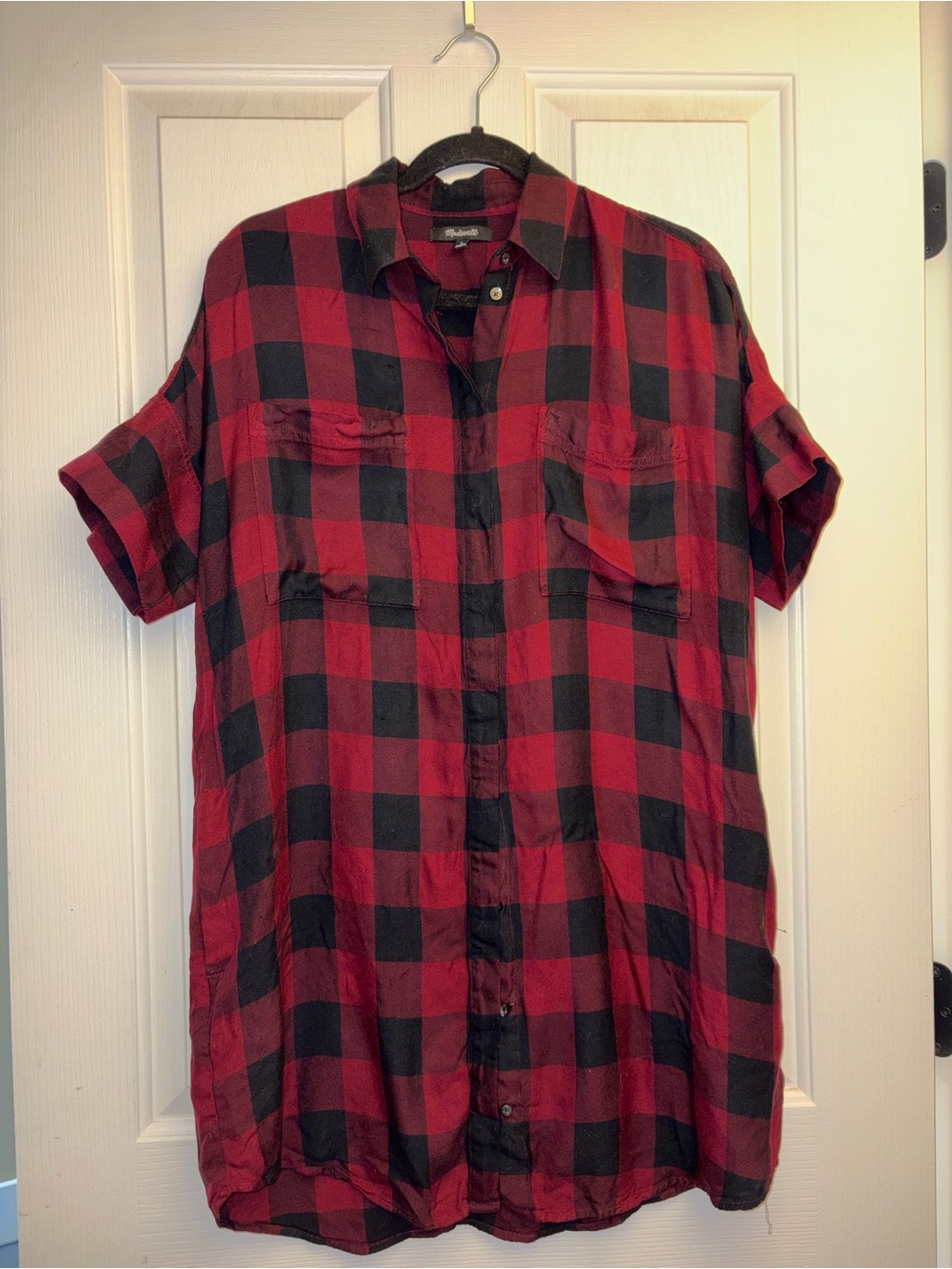 Madewell Red and Black Checkered Short-Sleeve Button-Down Shirt Dress sz M